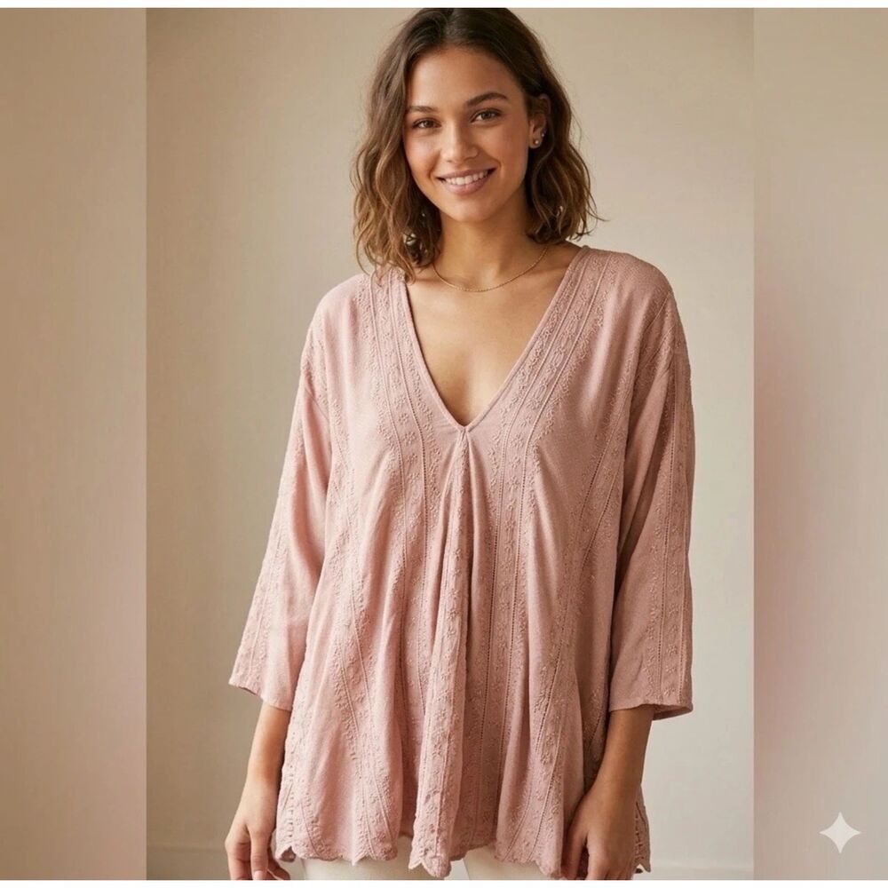 Free People urban outfitters Tunic Blouse Womens L Boho Embroidered Babydoll top